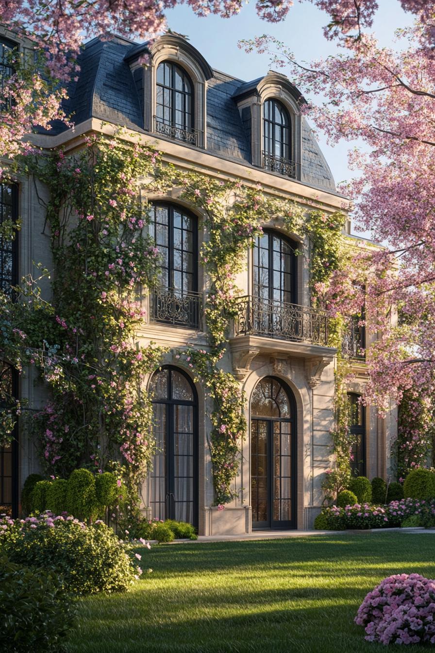 modern french mansion with facade overgrown with flower vines cherry blossom trees in the yard