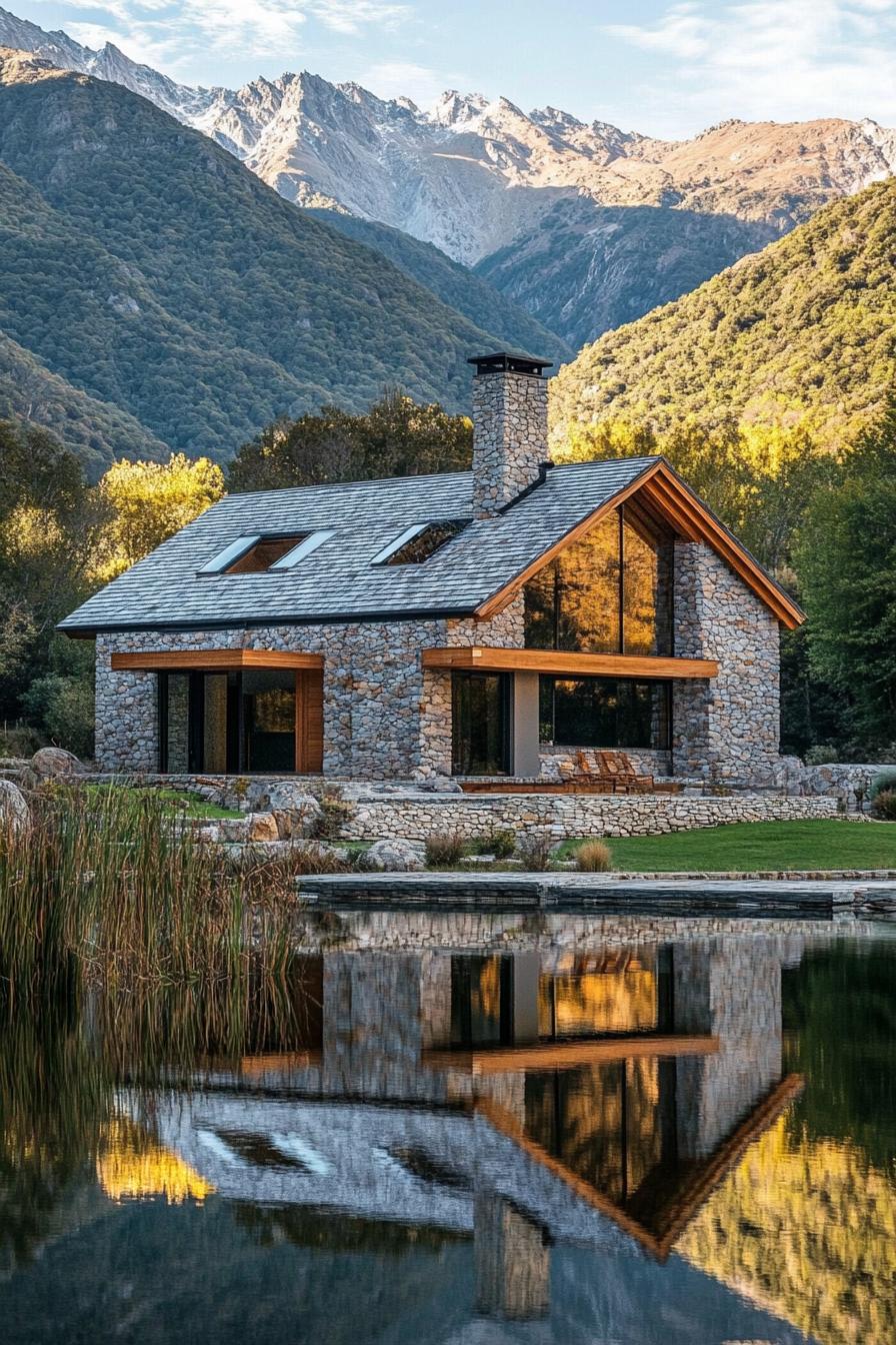 modern stone and wood mountain dream house with multi pitched roof and chimney the house is situated between an imposing mountain and a lake theres 1