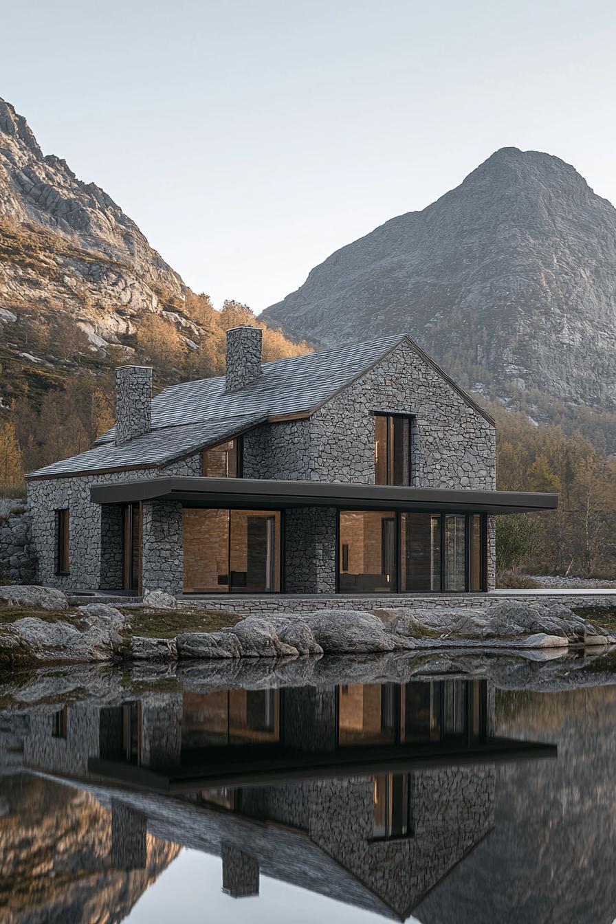 modern stone and wood mountain dream house with multi pitched roof and chimney the house is situated between an imposing mountain and a lake theres 2