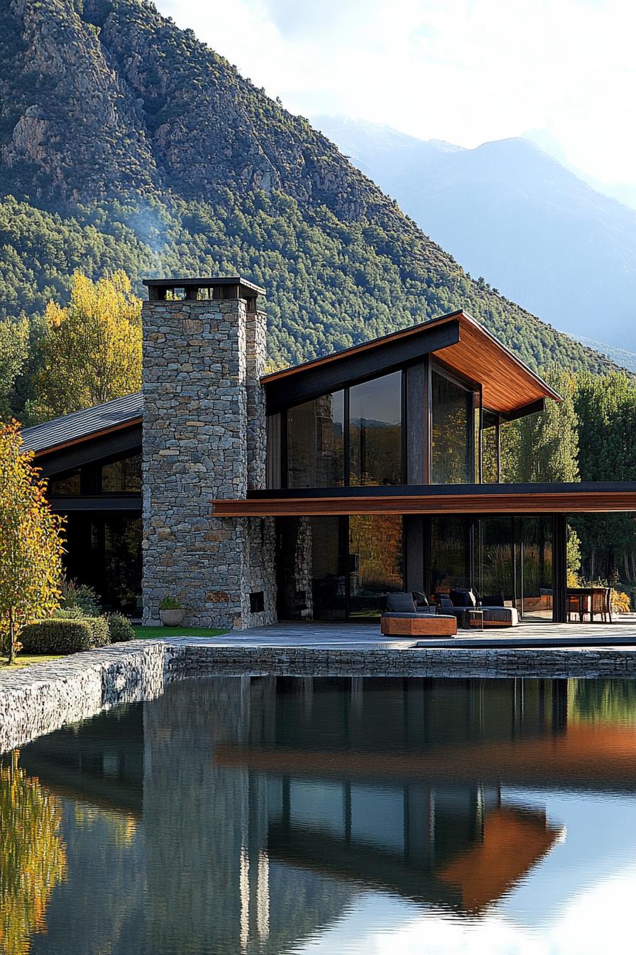 modern stone and wood mountain dream house with multi pitched roof and chimney the house is situated between an imposing mountain and a lake theres 3