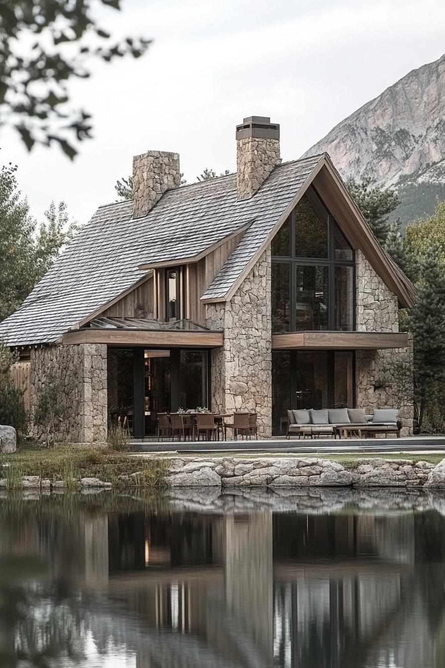 modern stone and wood mountain dream house with multi pitched roof and chimney the house is situated between an imposing mountain and a lake theres