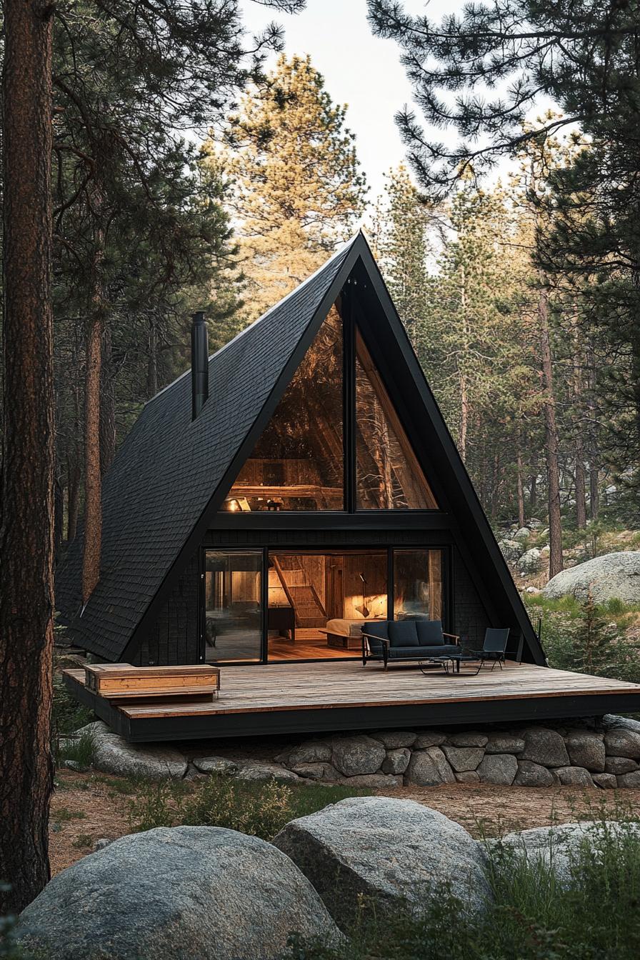 modern tiny a frame cabin with eave on a raised deck on stone foundations roof with chimney v 6.1