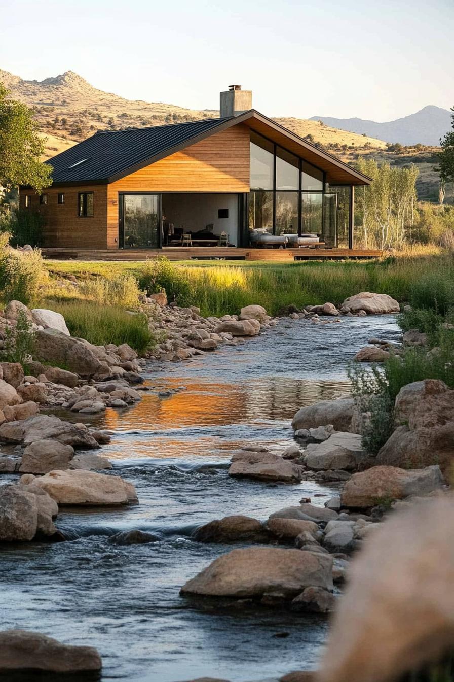 modern wooden ranch house by a rocky river hills in the backdrop