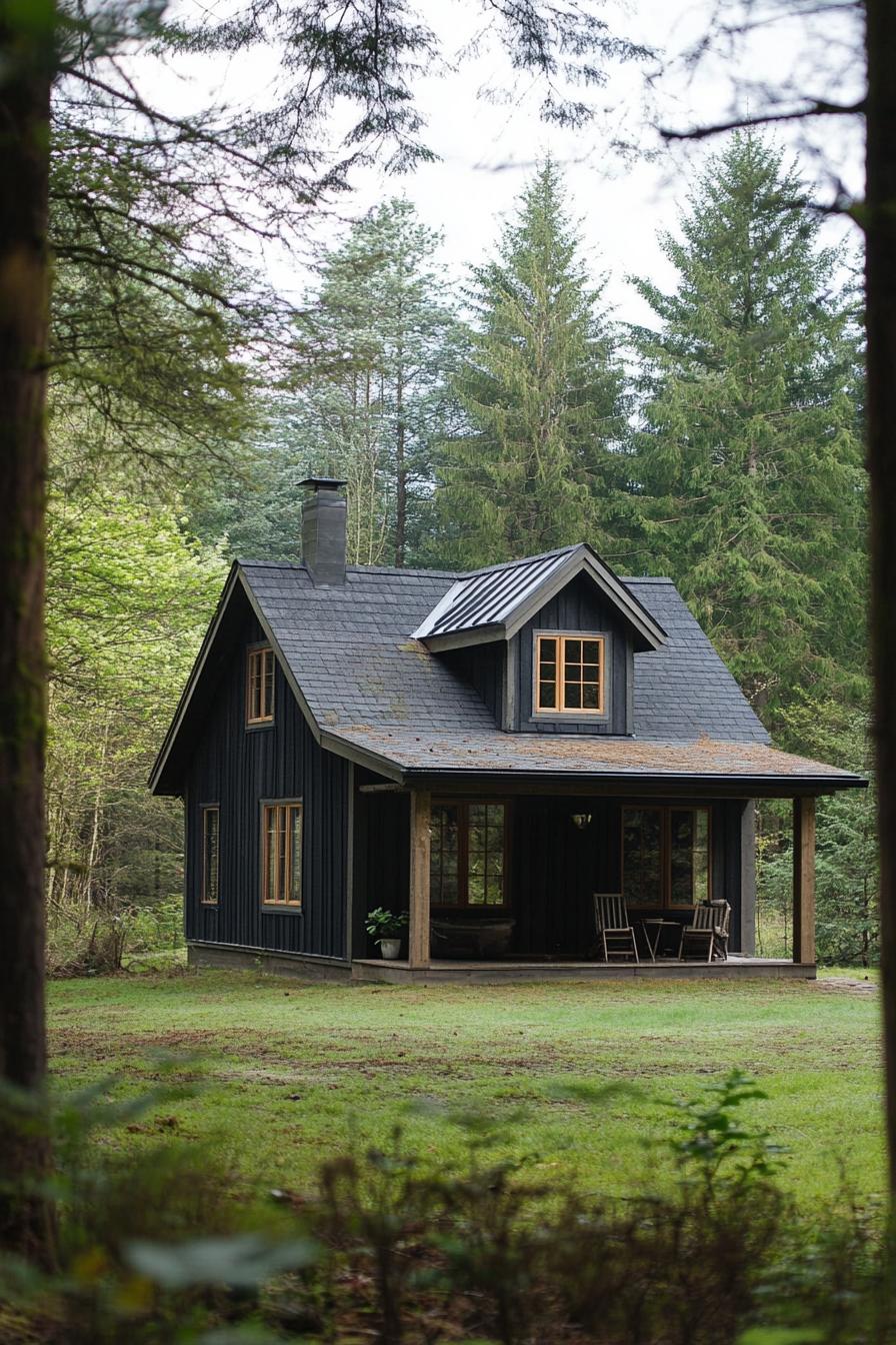 small barn style house with attached porch in the forest clearing