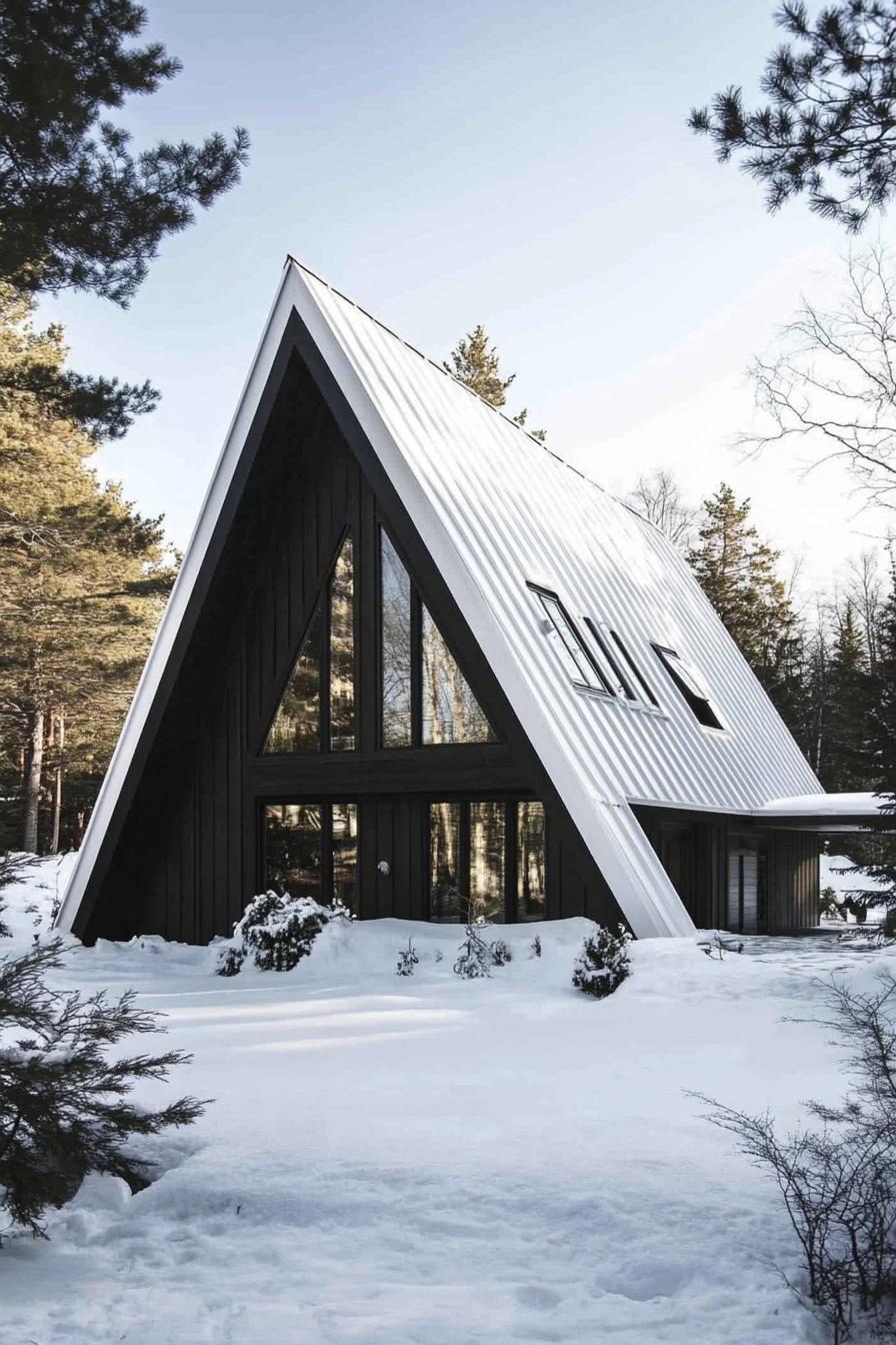 Scandinavian large a frame modern house with white metal roof