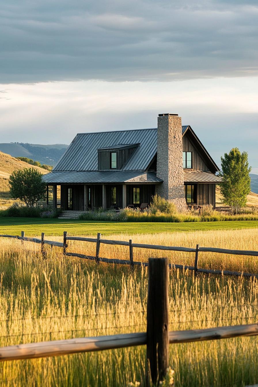 barn roof modern house in farm fields with ranch fence 1