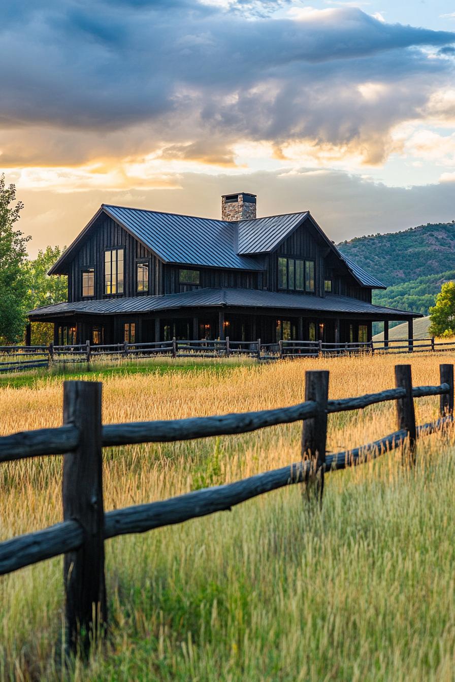 barn roof modern house in farm fields with ranch fence 2