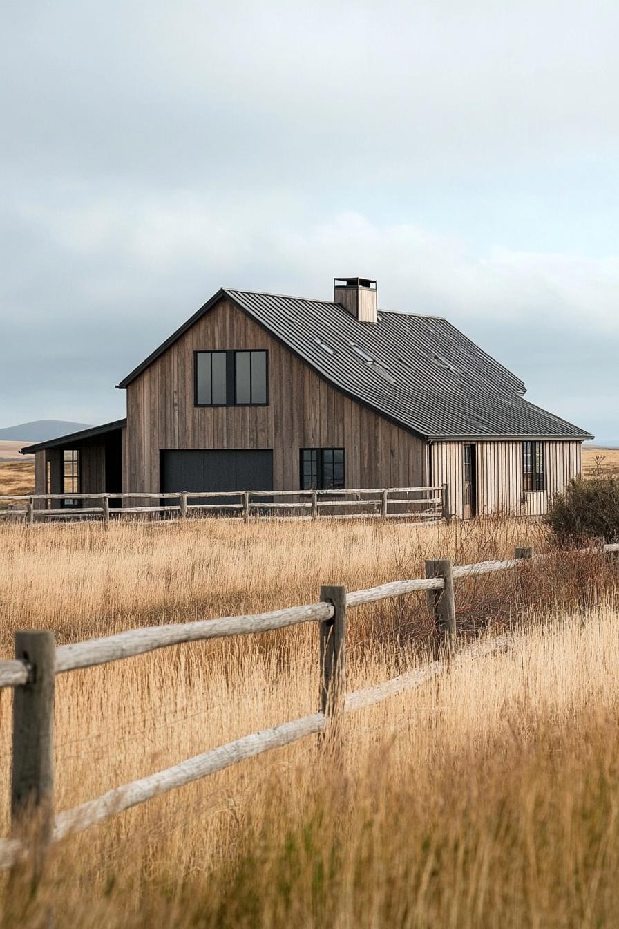 barn roof modern house in farm fields with ranch fence