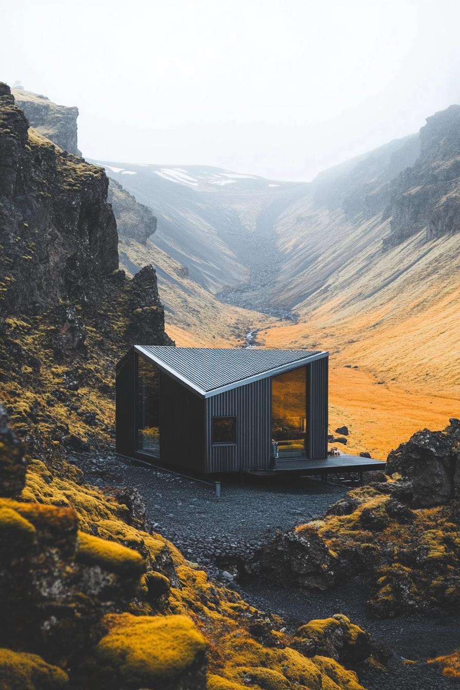 birds eye view of a cabin with a half metal half glass facade in a stunning Icelandic landscape 1