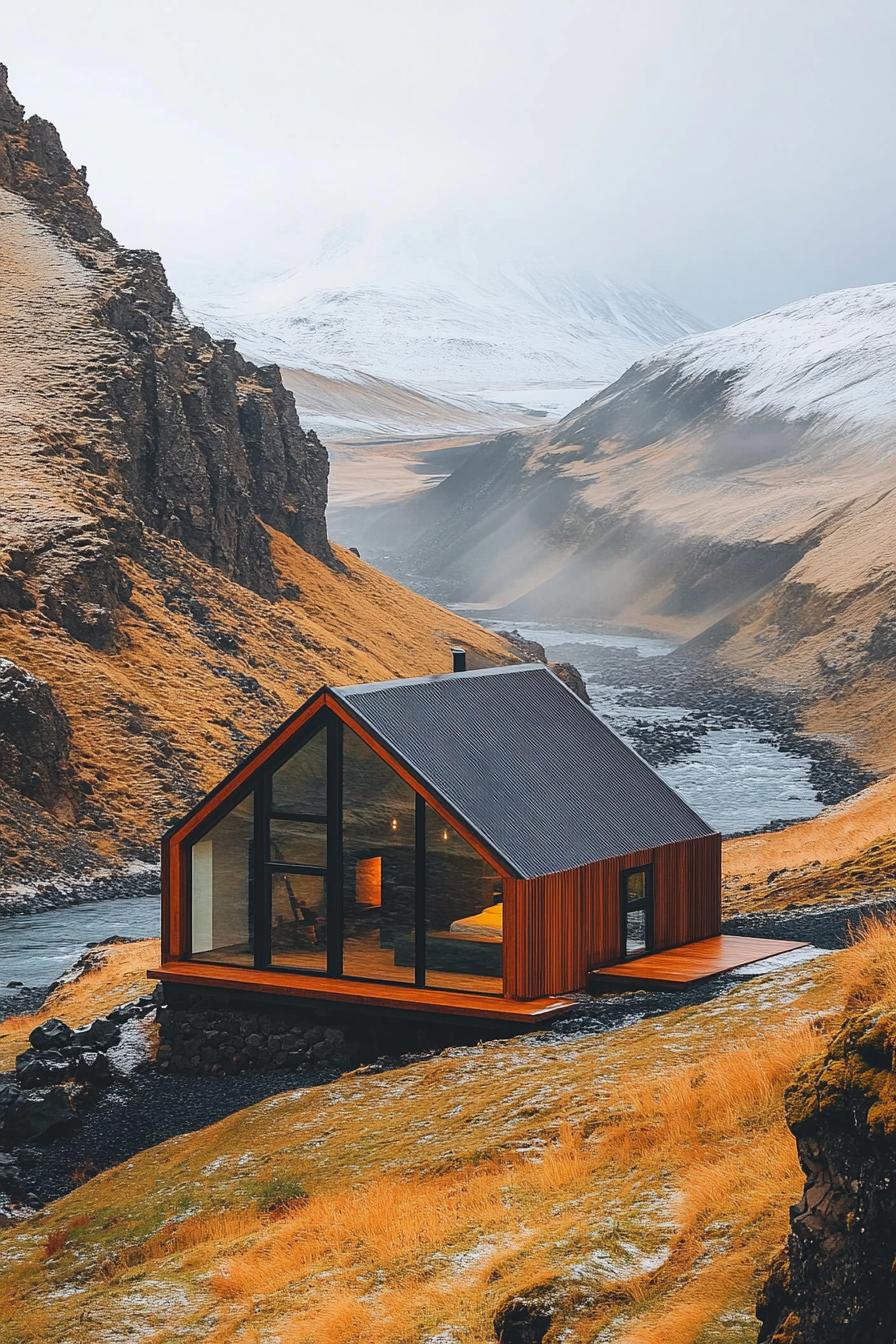 birds eye view of a cabin with a half metal half glass facade in a stunning Icelandic landscape 2