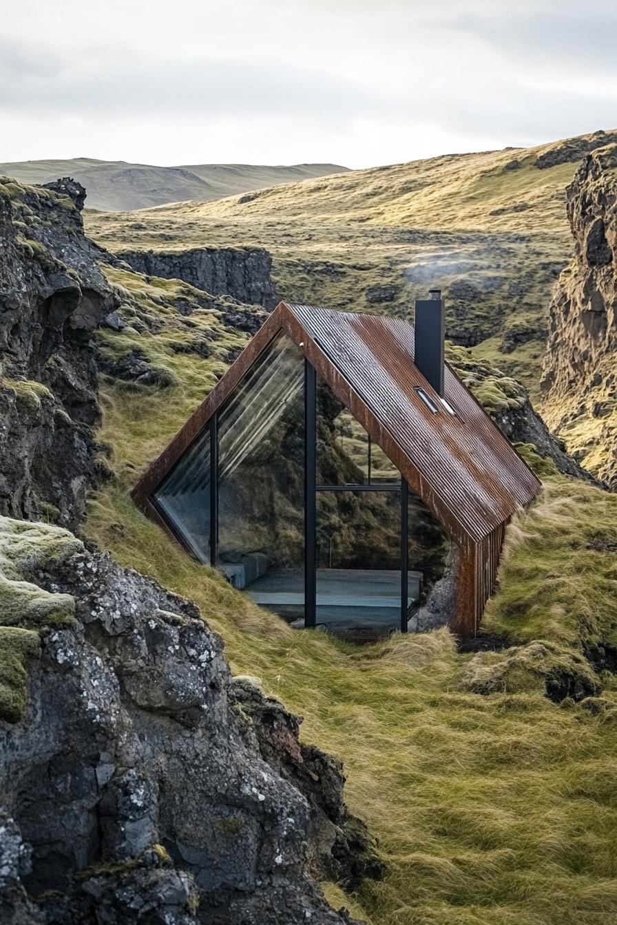 birds eye view of a cabin with a half metal half glass facade in a stunning Icelandic landscape