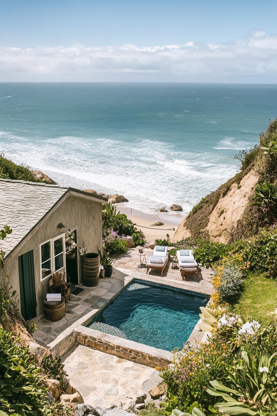 high angle view of a tiny beachfront cottage with small pool ocean beach in the background