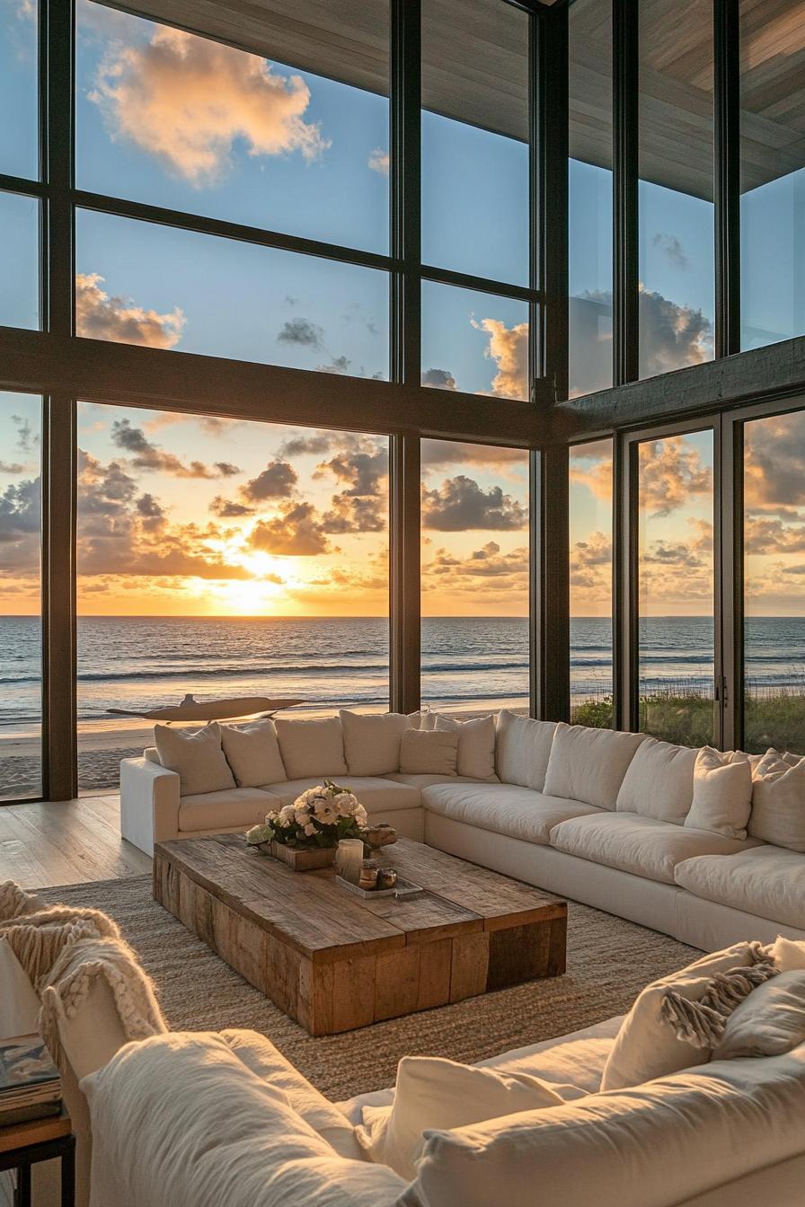 interior of a beachfront home high ceiling full wall windows sliding doors with beach front sunset view interior modern coastal style sectional 1