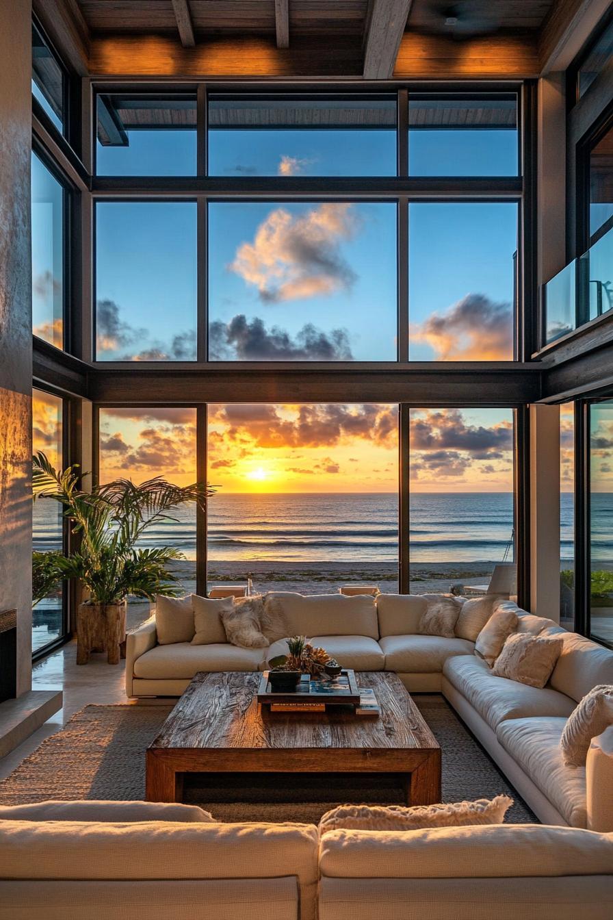 interior of a beachfront home high ceiling full wall windows sliding doors with beach front sunset view interior modern coastal style sectional