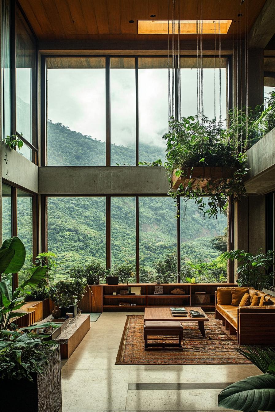 interior of a modern house with high ceiling full wall windows skylights and from ceiling suspended platform with hanging garden windows