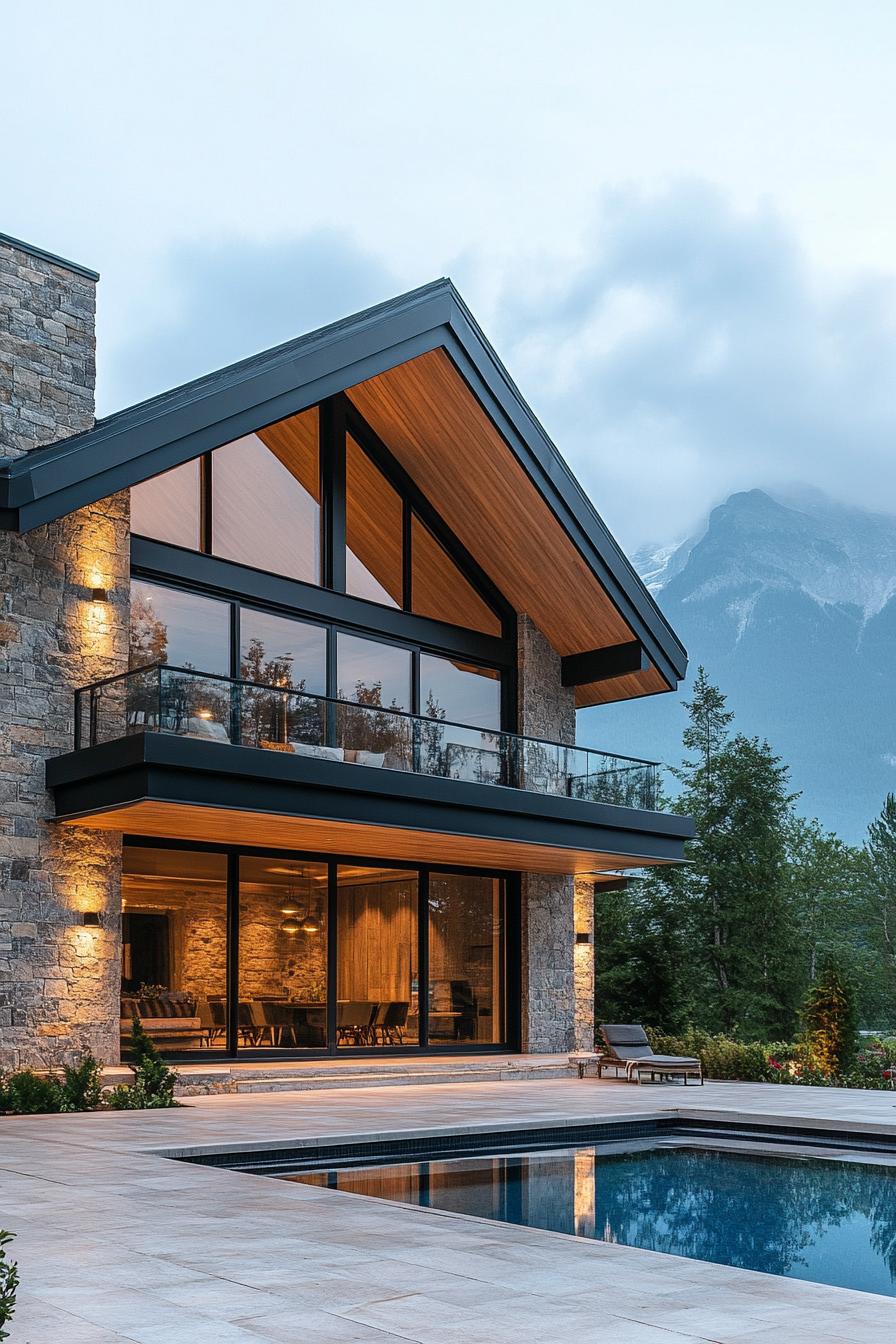 modern chalet with asymmetrical facade with stone and wood siding large patio with pool misty mountain range in the distance 1