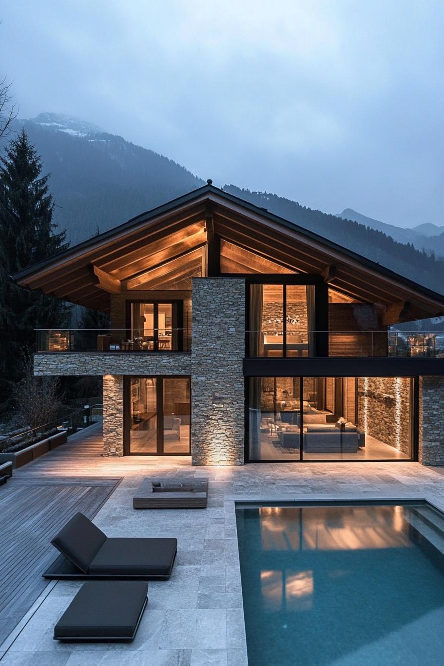 modern chalet with asymmetrical facade with stone and wood siding large patio with pool misty mountain range in the distance