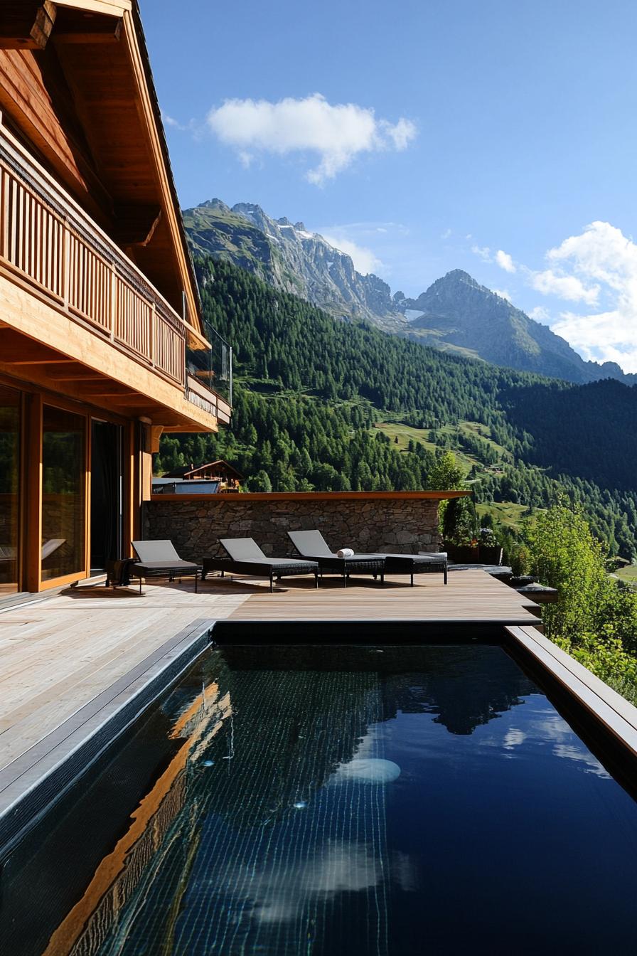 modern mountain chalet with large a terrace and a small pool it is overlooking a stunning mountain range 1