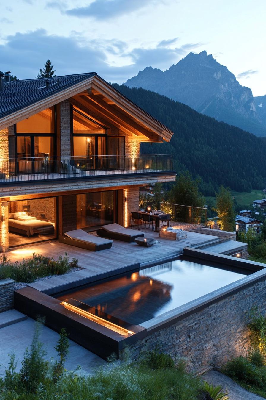 modern mountain chalet with large a terrace and a small pool it is overlooking a stunning mountain range 2