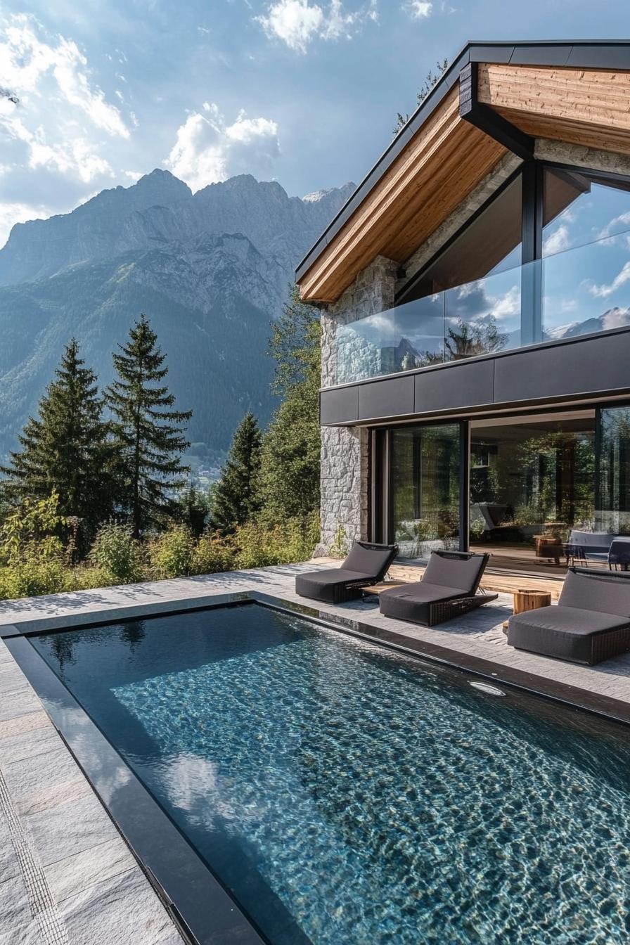 modern mountain chalet with large a terrace and a small pool it is overlooking a stunning mountain range