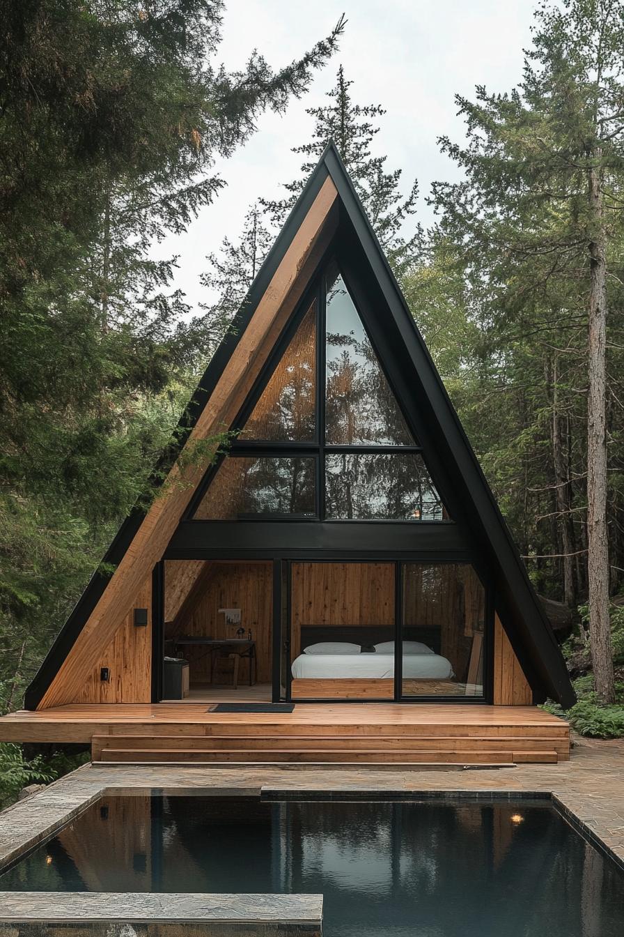 modern tiny a frame cabin with geometric windows plunge pool in front