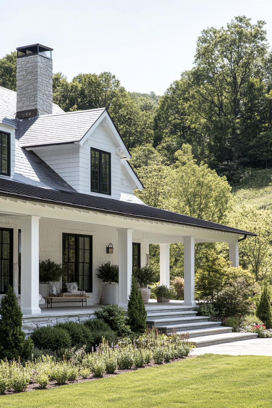 modern white cottage with white clapboard siding and multi pitch black shingle roof stone chimney large covered porch with steps lawn garden with