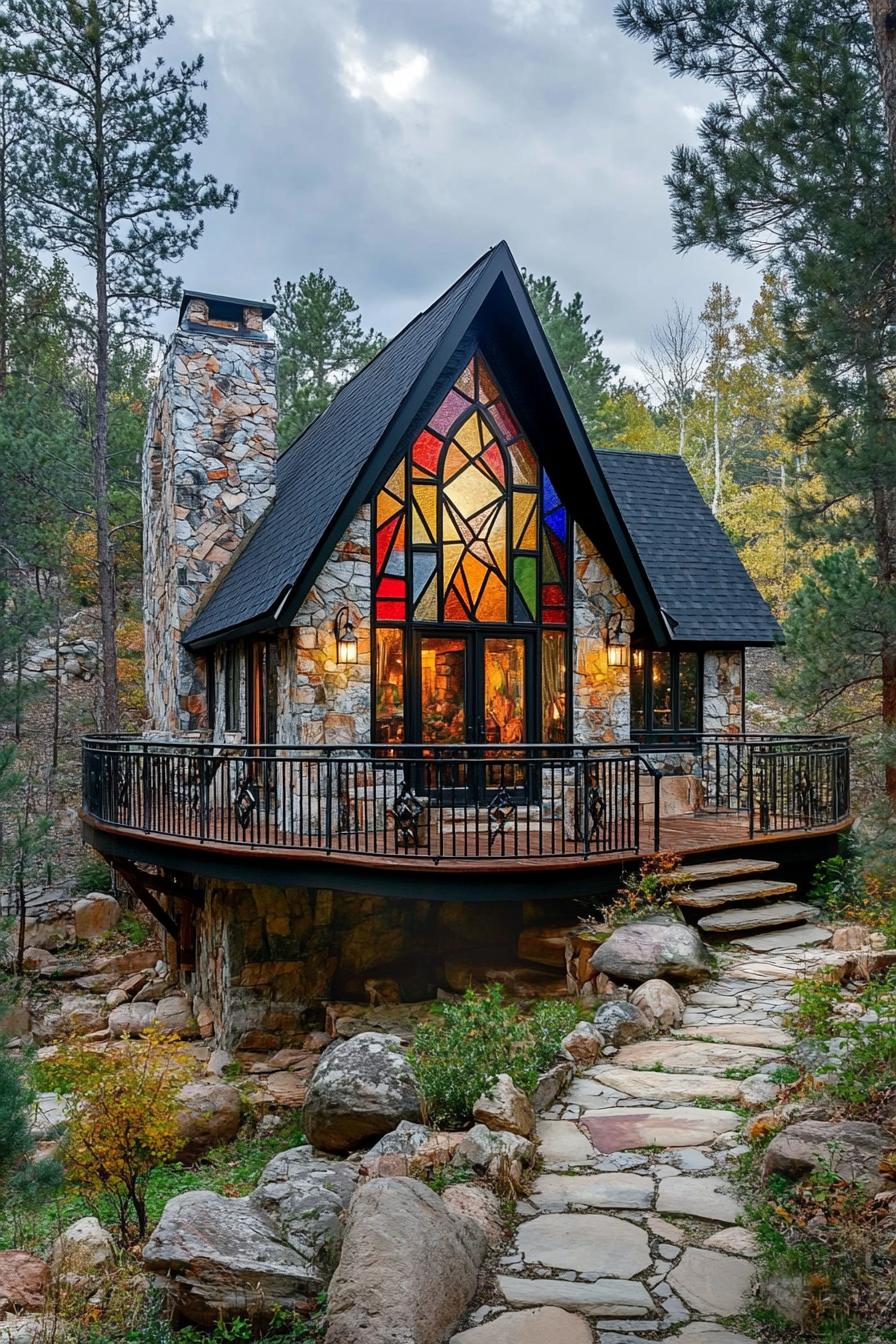 multicolor stone siding cabin with large deck with metal railings arched entry geometric windows black roof and accents stone path rock garden 1