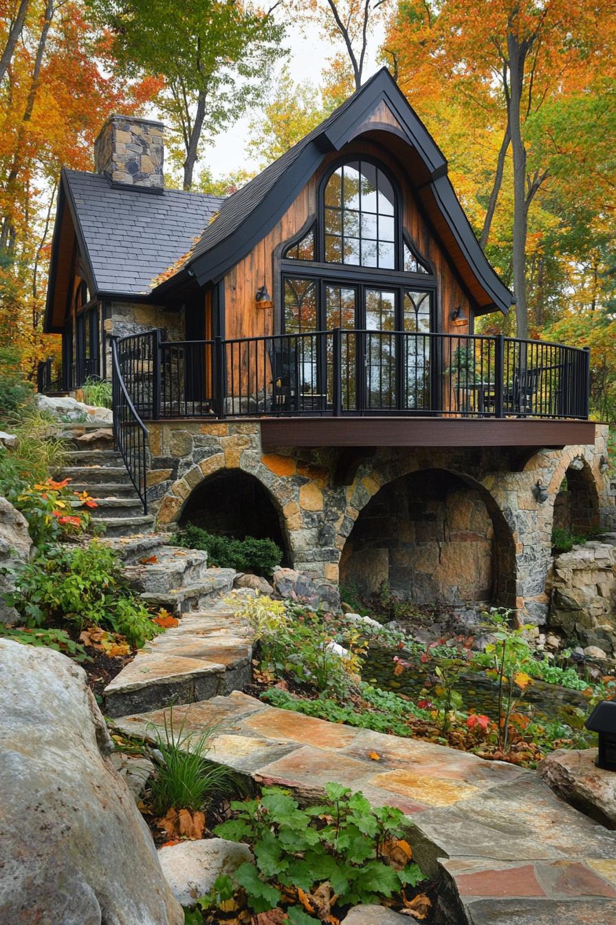 multicolor stone siding cabin with large deck with metal railings arched entry geometric windows black roof and accents stone path rock garden 2