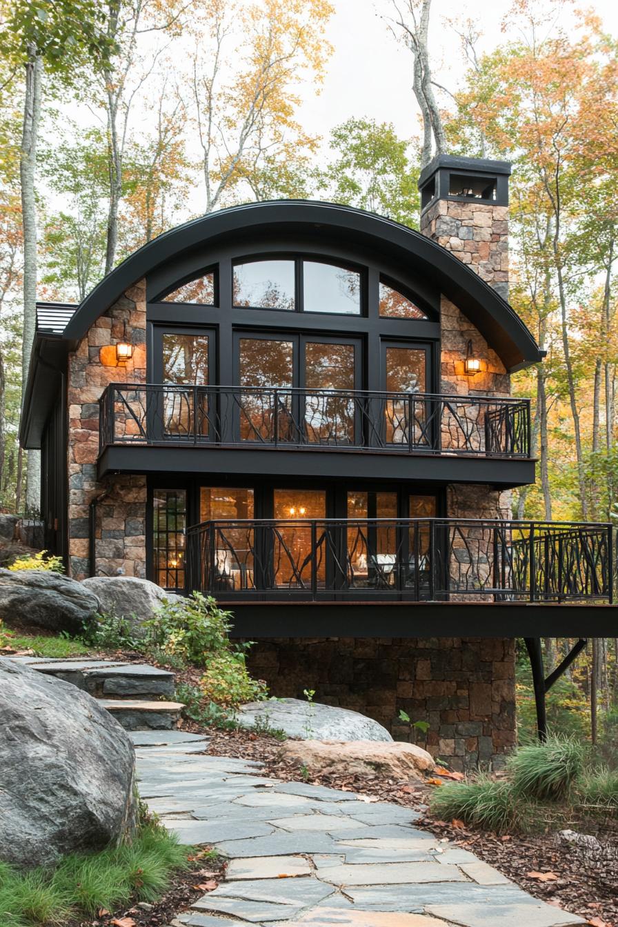 multicolor stone siding cabin with large deck with metal railings arched entry geometric windows black roof and accents stone path rock garden