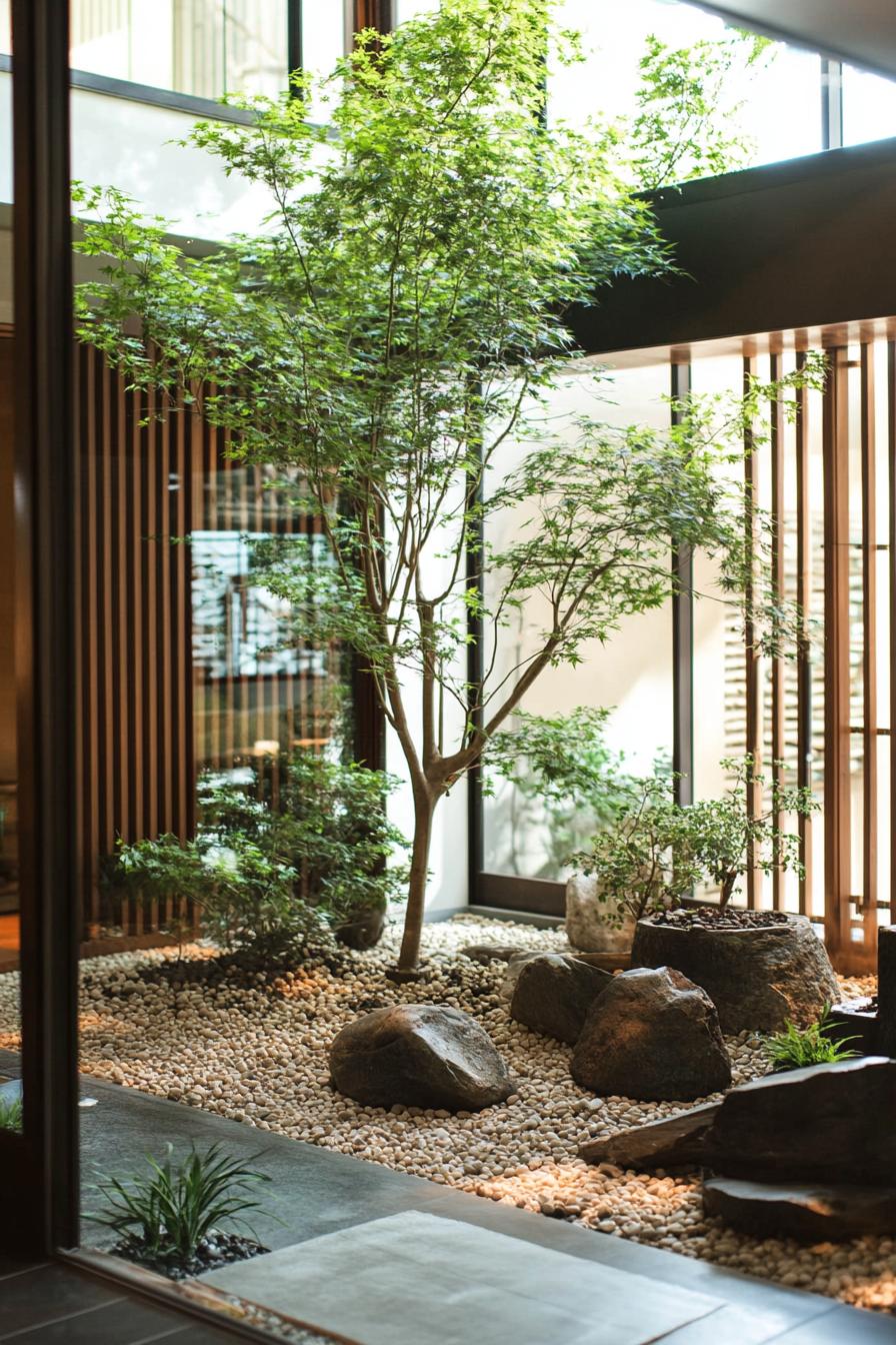 indoor balcony courtyard with glass encasement modern slatted walls pebbles small rocks and potted plants 1