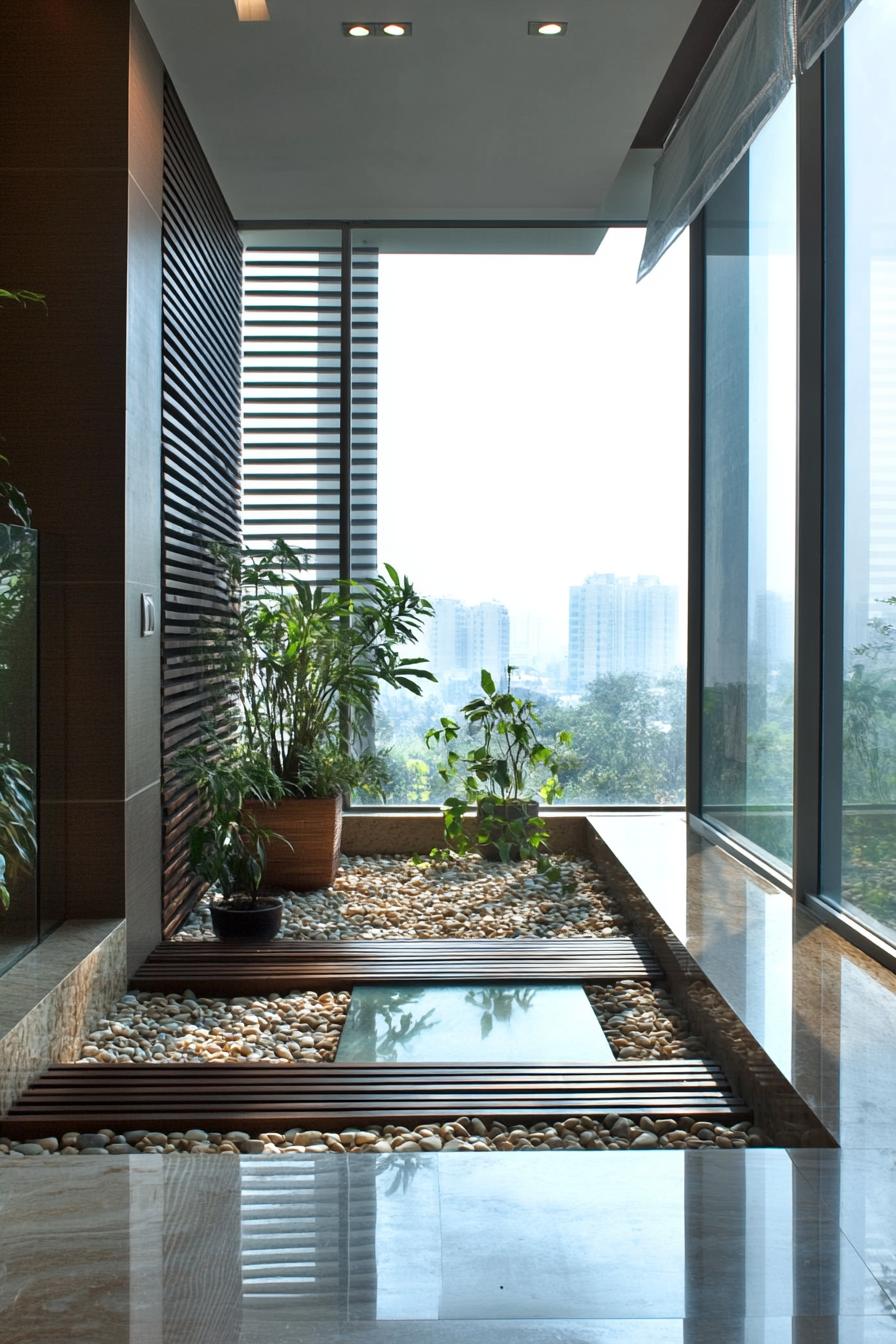 indoor balcony courtyard with glass encasement modern slatted walls pebbles small rocks and potted plants 2