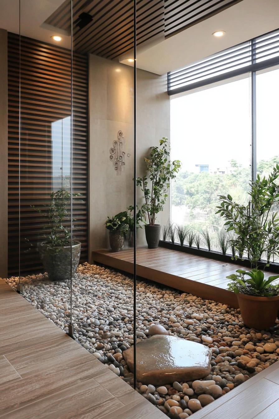 indoor balcony courtyard with glass encasement modern slatted walls pebbles small rocks and potted plants