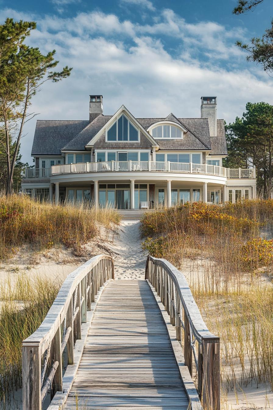 modern Hamptons style beachfront mansion with bridge leading to it over dunes