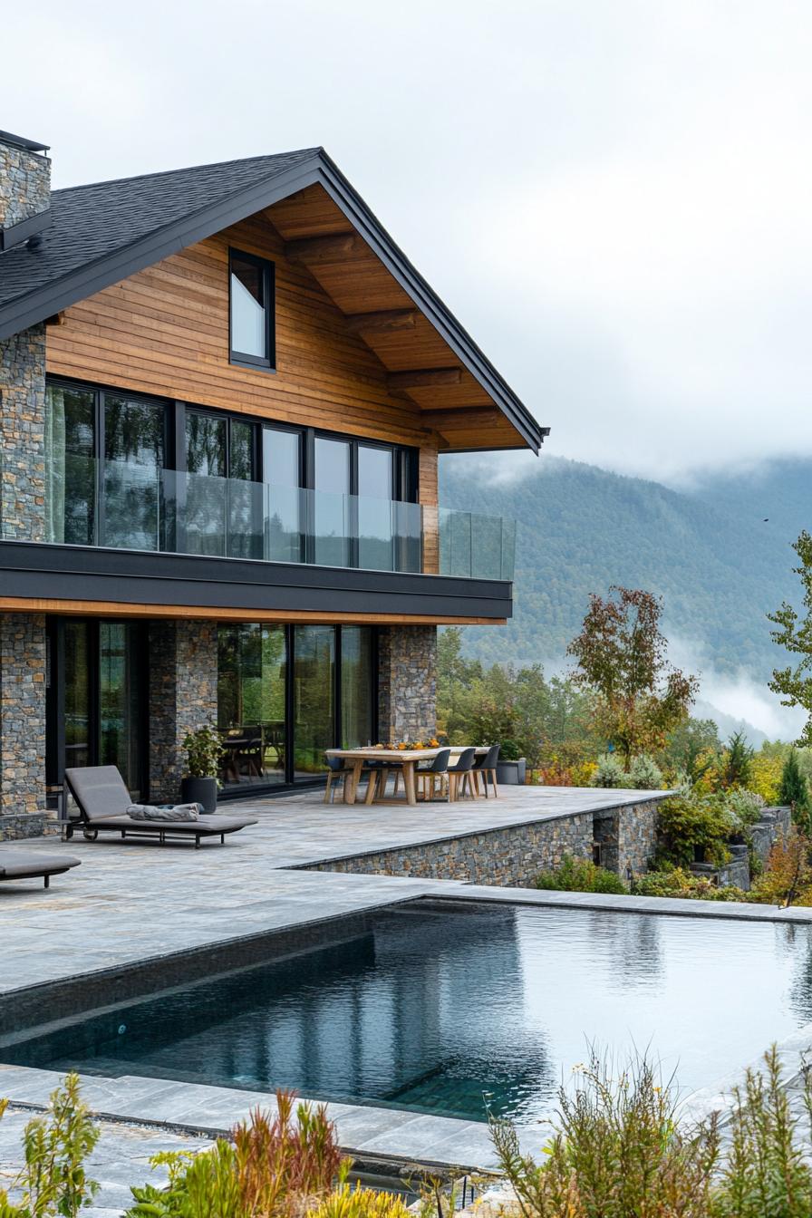 modern chalet with asymmetrical facade with stone and wood siding large patio with a wooden table and chairs v 6.1