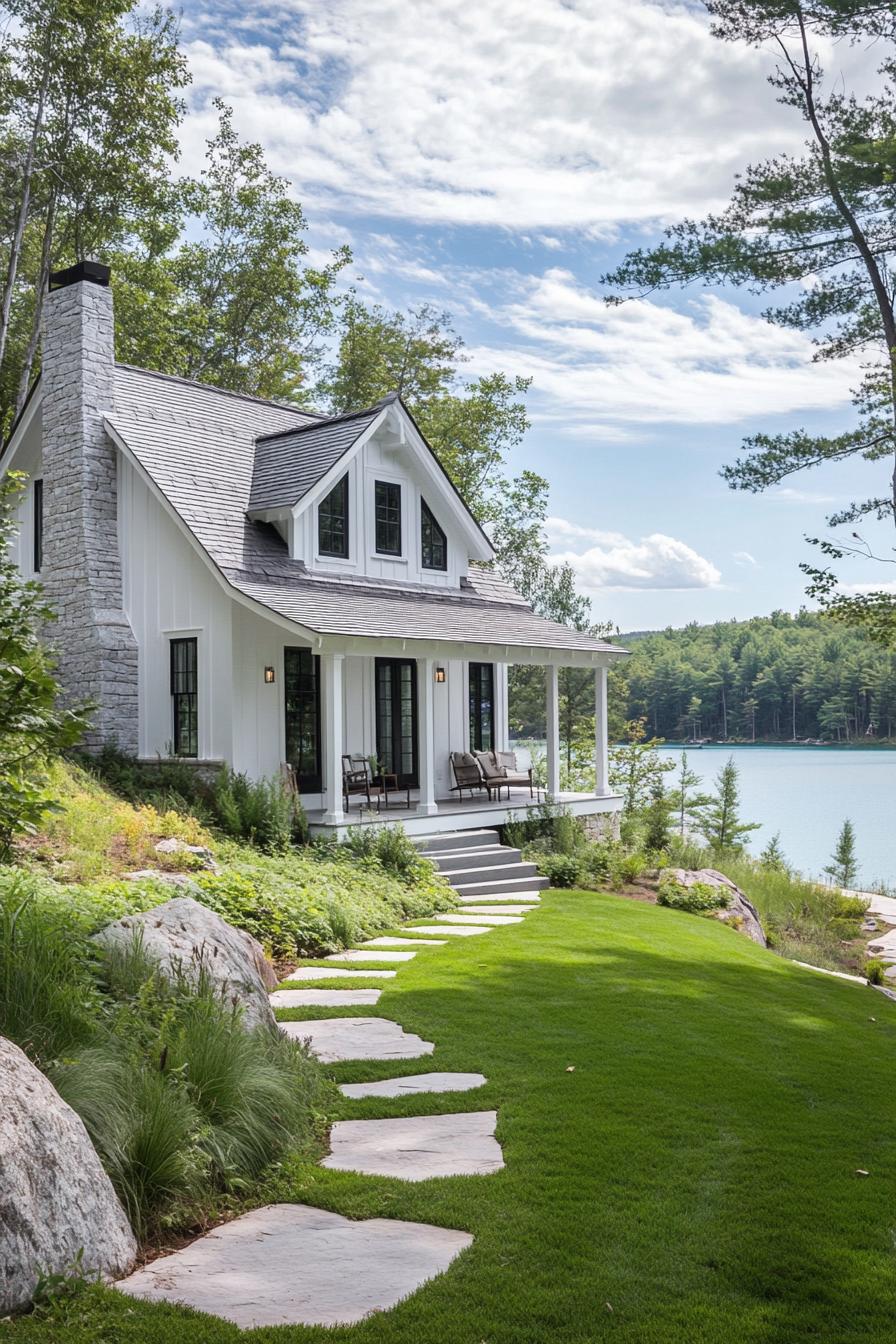 modern cottage by the lake white clapboard siding grey multi pitch shingled roof white brick chimney large overed porch with steps hilly