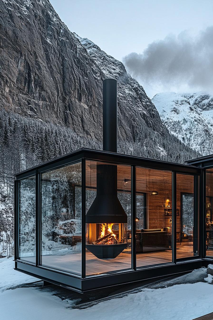 modern glass cabin with black metal frame a fireplace is visible inside the cabin is at the foot of a majesting snowy mountain in the background