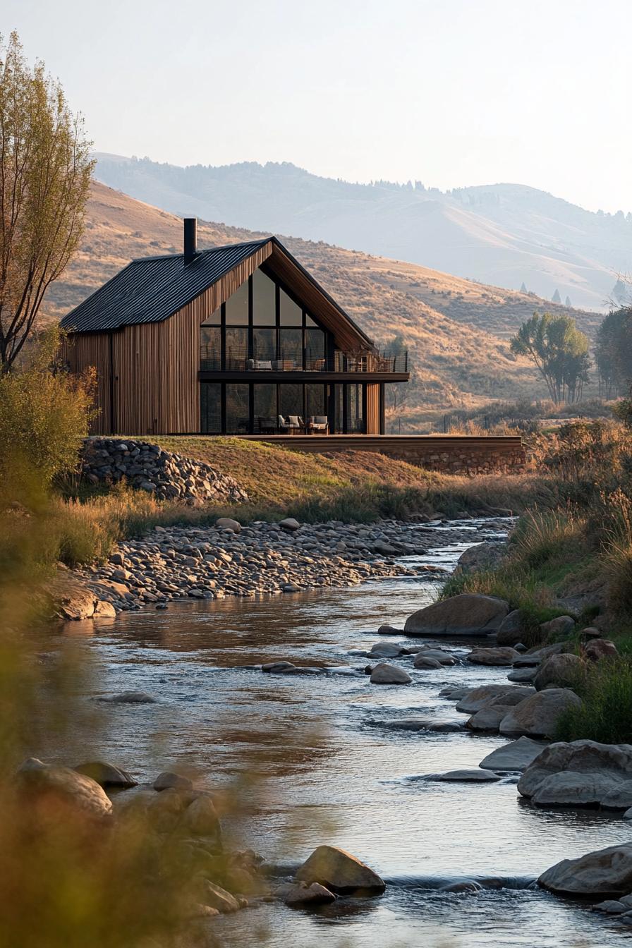 modern wooden barn style ranch house by a rocky river hills in the backdrop 1