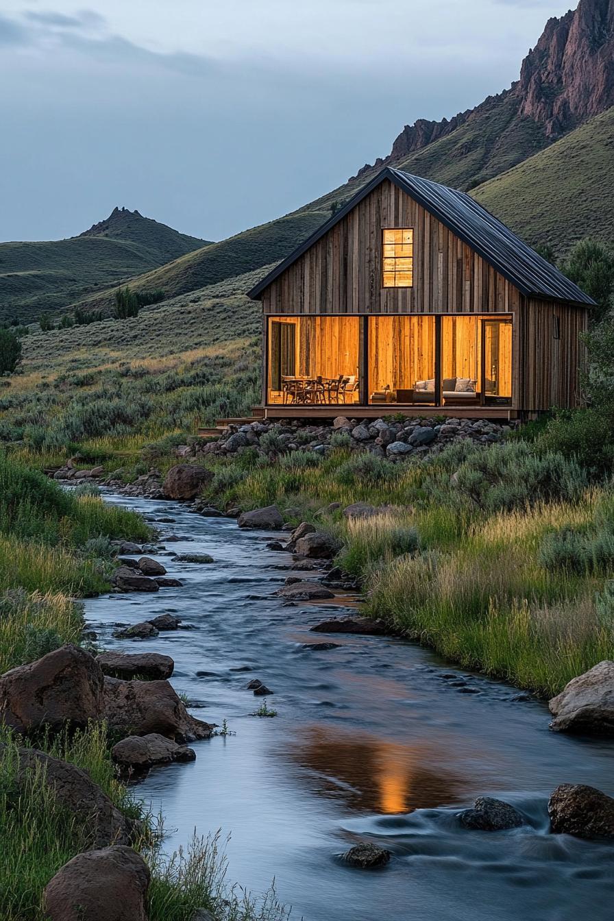 modern wooden barn style ranch house by a rocky river hills in the backdrop 2