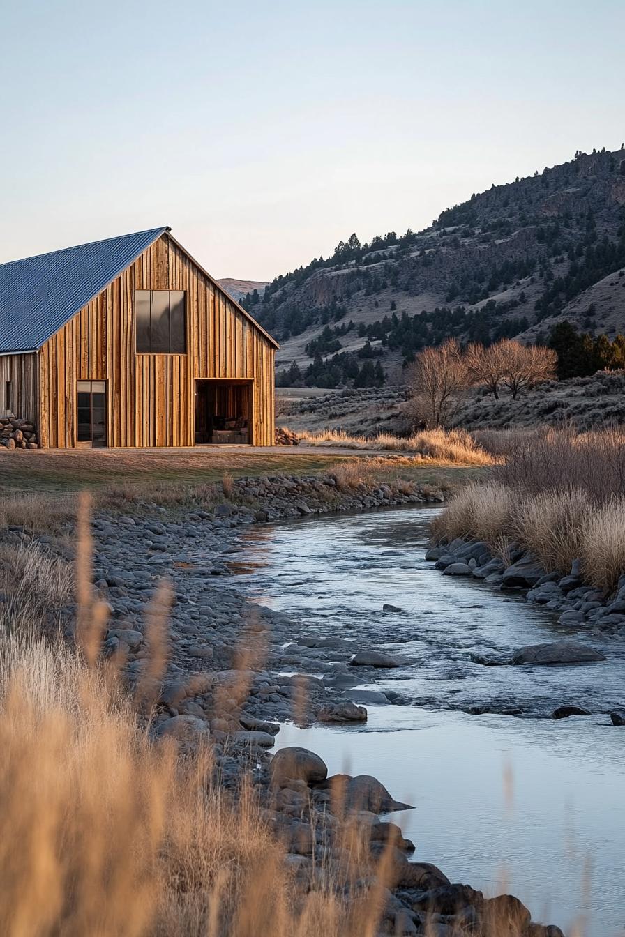 modern wooden barn style ranch house by a rocky river hills in the backdrop 3