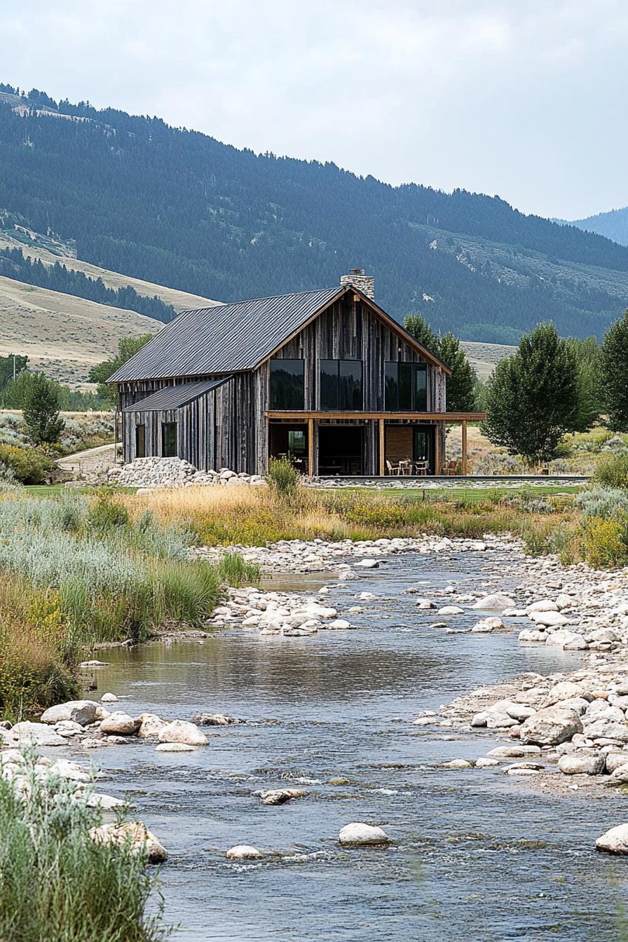 modern wooden barn style ranch house by a rocky river hills in the backdrop