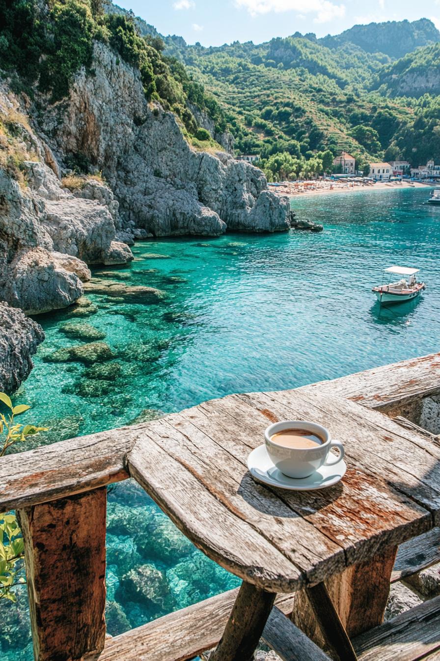 rustic porch on a rocky seashore upclose of a table a cup of coffee on the table the sea water is crystal clear botton rocks are visible in the