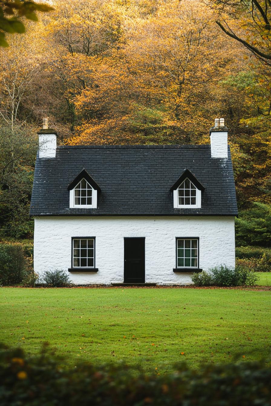 small white cottage with black roof green lawn 1