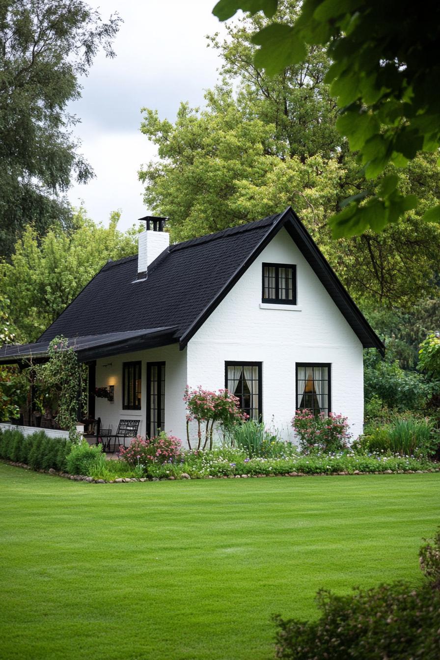 small white cottage with black roof green lawn