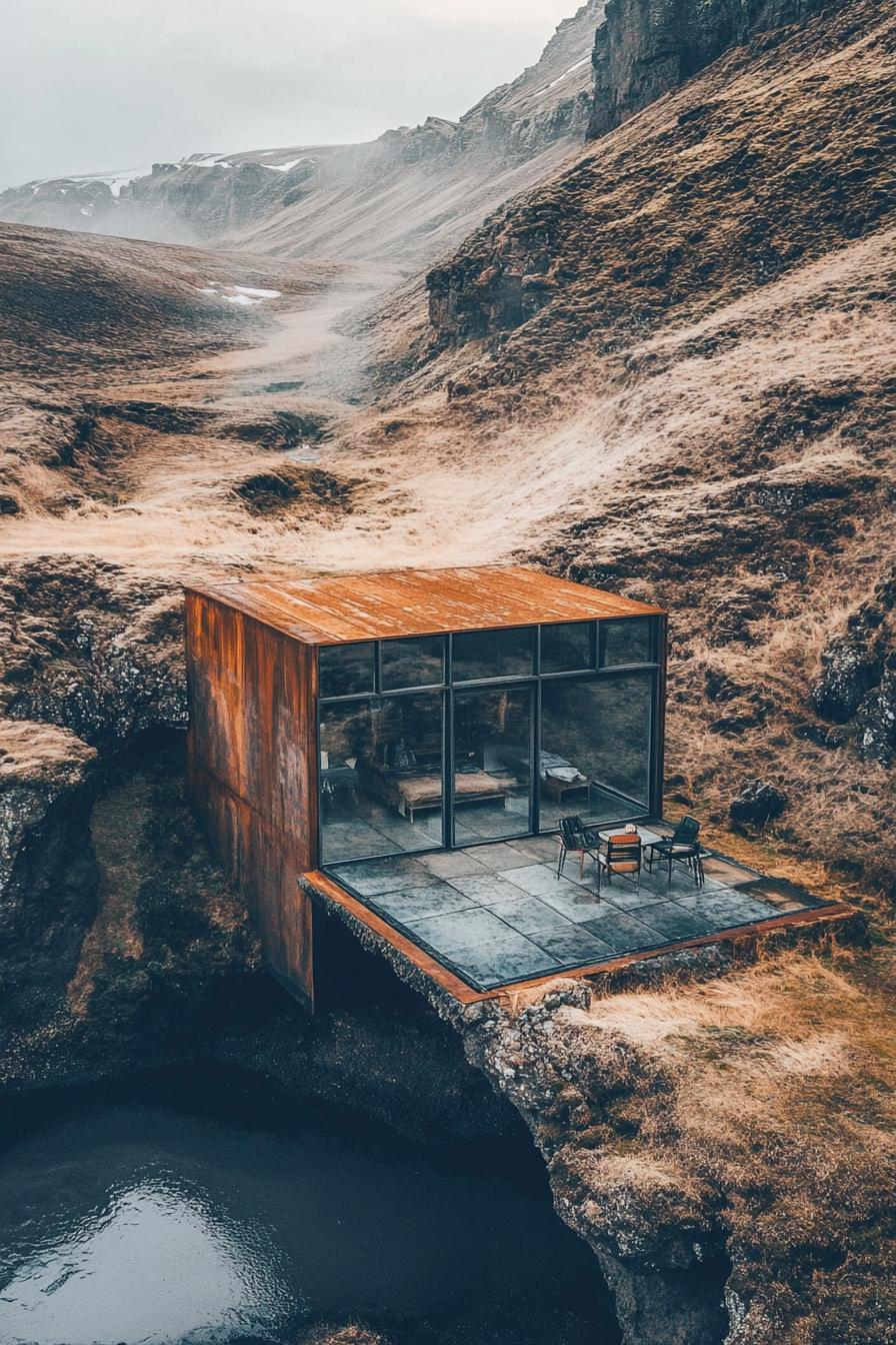 birds eye view of a cabin with a half metal half glass facade in a stunning Icelandic landscape there is patio furniture outside 2