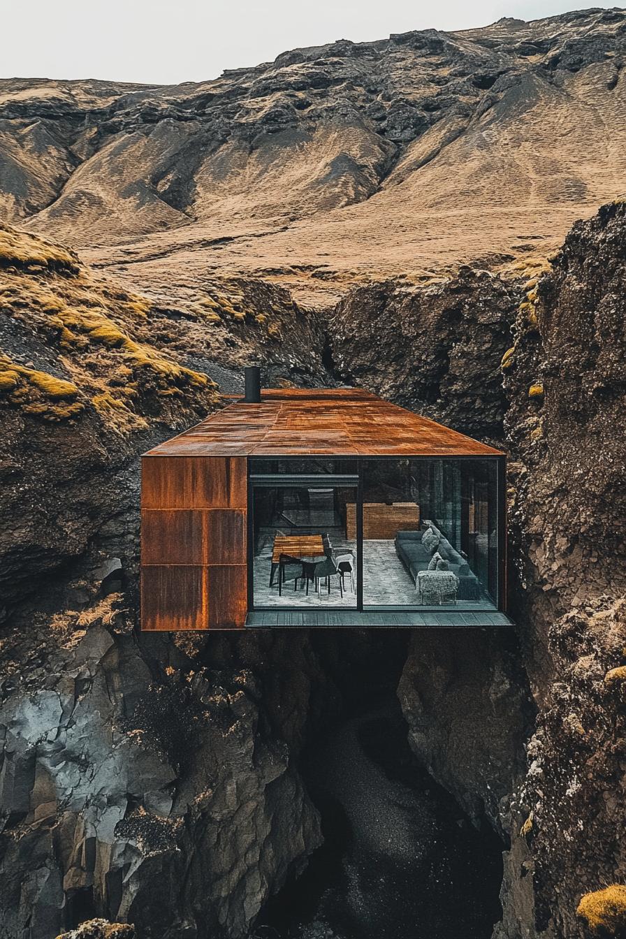 birds eye view of a cabin with a half metal half glass facade in a stunning Icelandic landscape there is patio furniture outside