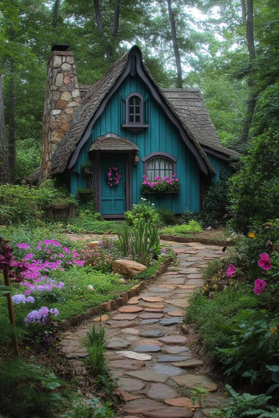 fairytale style cottage in the woods with stone path teal siding thatch roof stone chimney front garden flowers