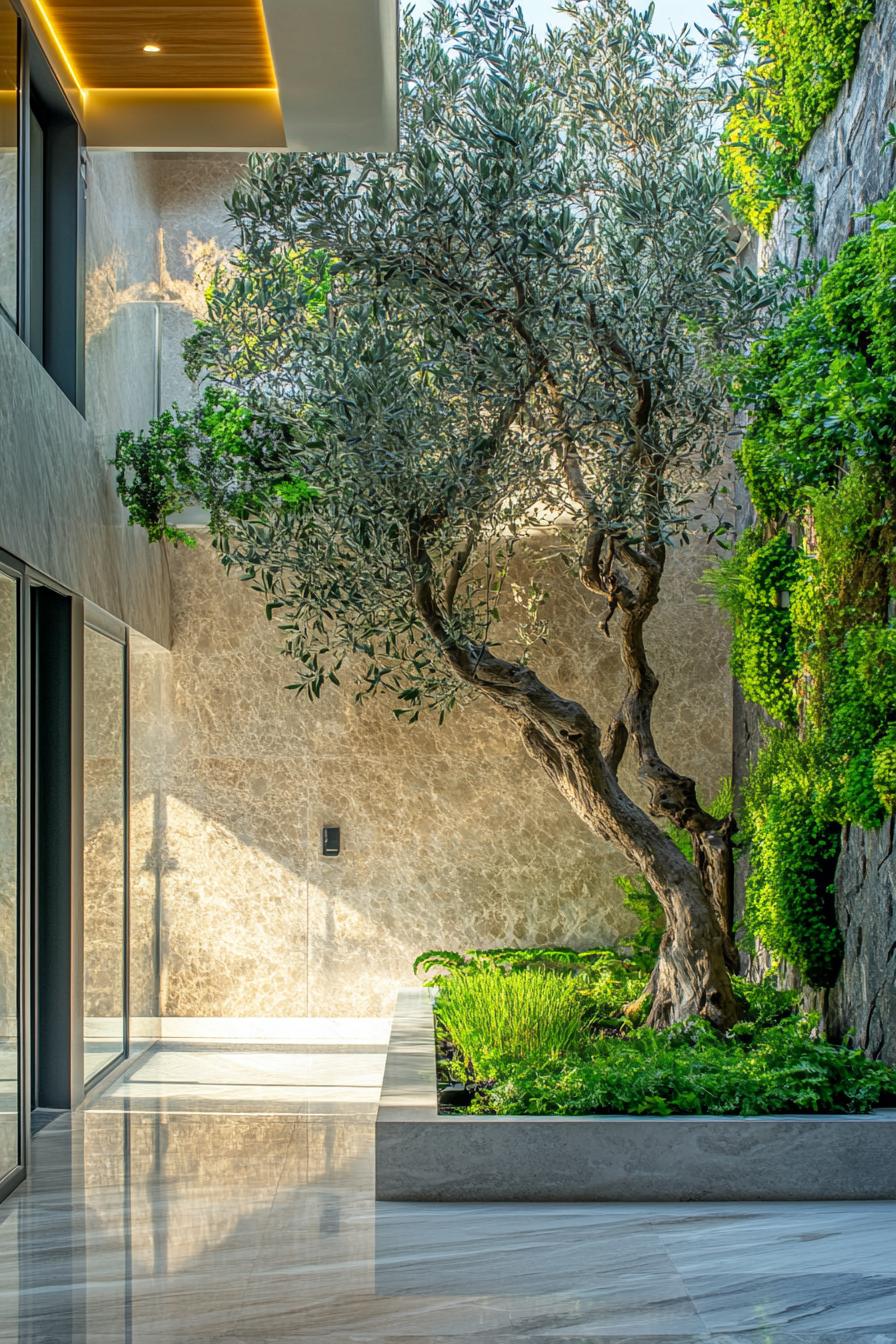 indoor courtyard of a luxury marble home with an olive tree and a green living wall