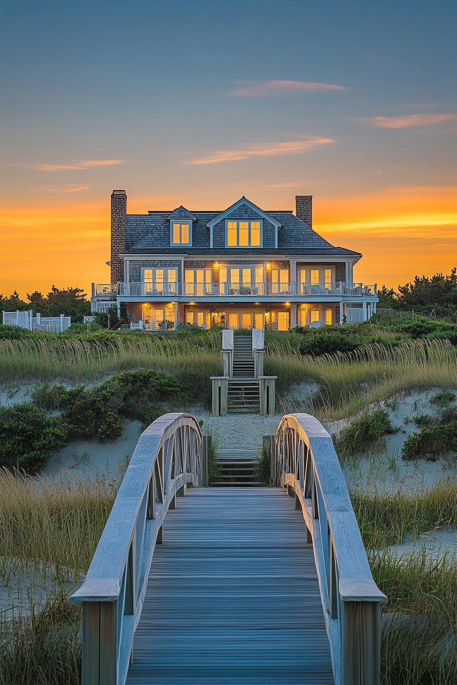 modern Hamptons style beachfront mansion with bridge leading to it over dunes sunset 1