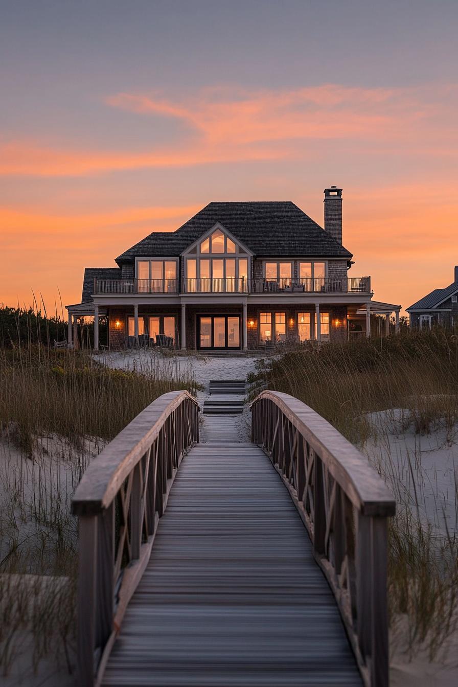 modern Hamptons style beachfront mansion with bridge leading to it over dunes sunset