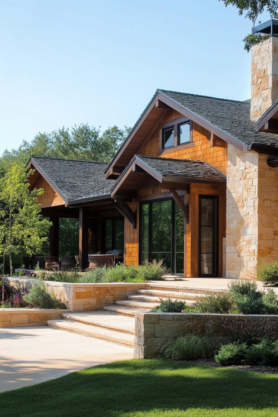 modern ranch house with rustic siding and part stone walls 1